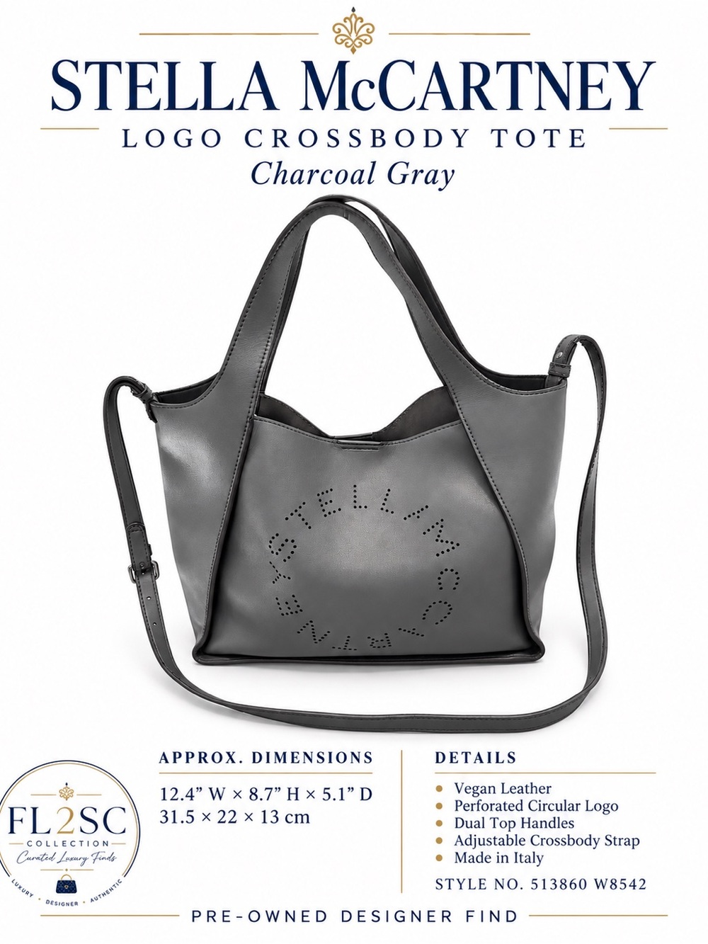 Stella McCartney Charcoal Gray Perforated Logo Crossbody Tote